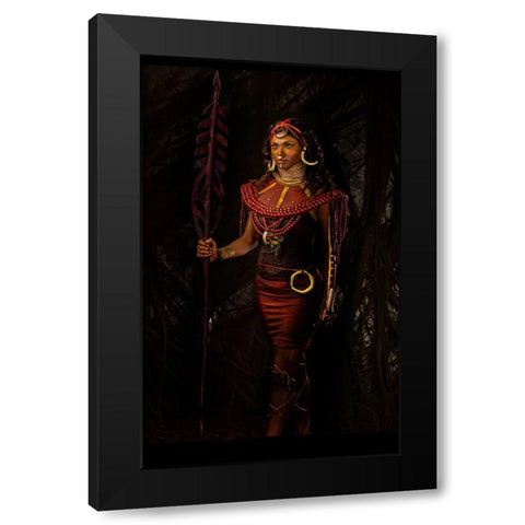 Masai Warrior Black Modern Wood Framed Art Print with Double Matting by Chattopadhyay, Debasish