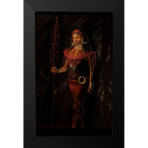 Masai Warrior Black Modern Wood Framed Art Print by Chattopadhyay, Debasish