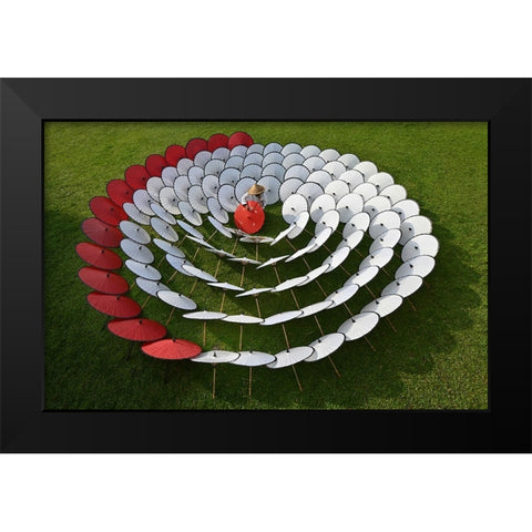 Red A White Umbrellas Black Modern Wood Framed Art Print by Aditya, Rawisyah