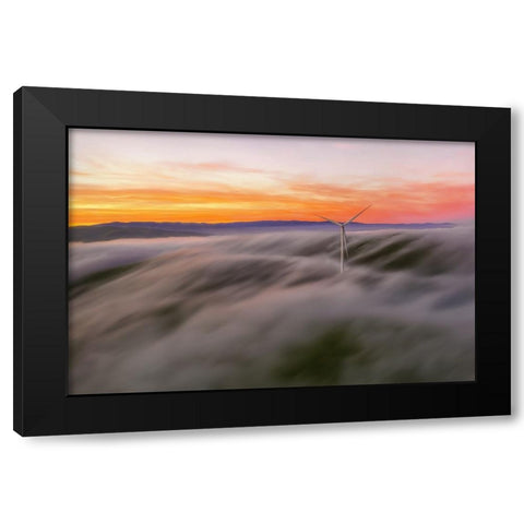 A Windmill In The Fog Black Modern Wood Framed Art Print with Double Matting by Qiu, Jenny