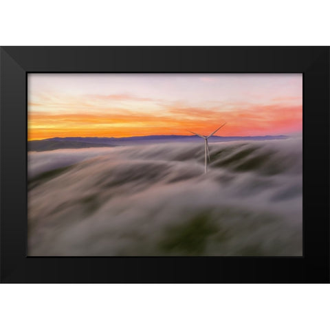A Windmill In The Fog Black Modern Wood Framed Art Print by Qiu, Jenny