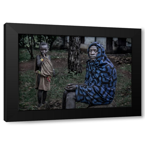 Surmi Tribe Man And Child - Ethiopia Black Modern Wood Framed Art Print with Double Matting by Inazio Kuesta, Joxe