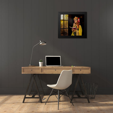 Lady By The Window Black Modern Wood Framed Art Print by Chattopadhyay, Debasish