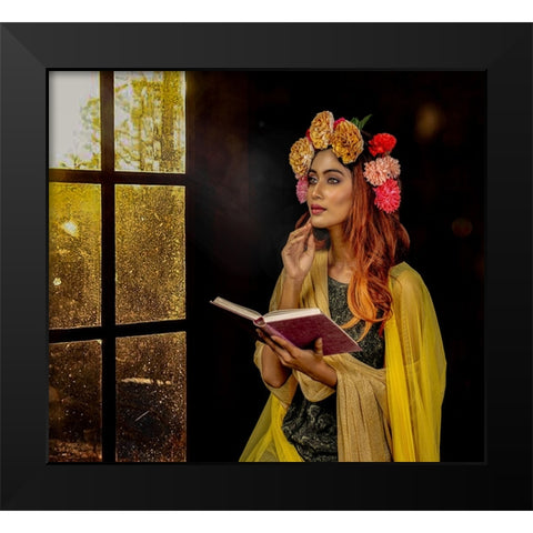 Lady By The Window Black Modern Wood Framed Art Print by Chattopadhyay, Debasish
