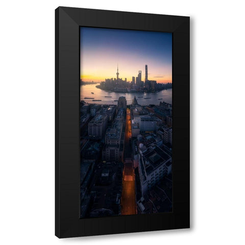 Shanghai Sunrise Black Modern Wood Framed Art Print by Tan, Jasper