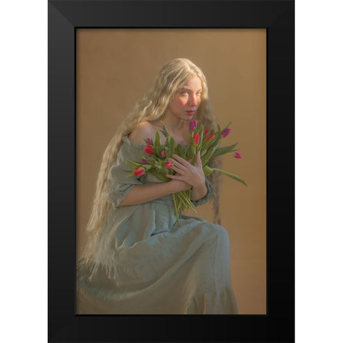 Lady With Flowers Black Modern Wood Framed Art Print by Durisova, Michaela