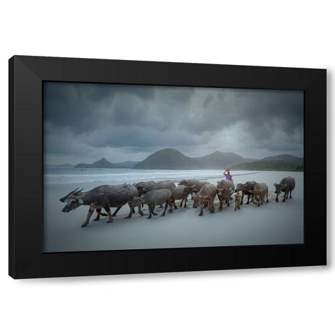 Selong Belanak Beach Black Modern Wood Framed Art Print with Double Matting by Octavandy