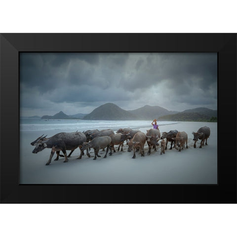 Selong Belanak Beach Black Modern Wood Framed Art Print by Octavandy