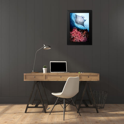 Manta and reef Black Modern Wood Framed Art Print by Peneau, Cedric