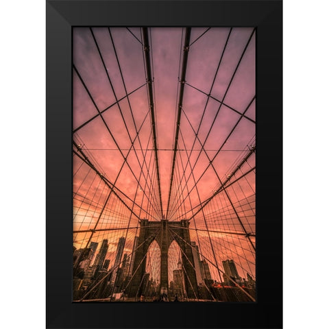 Brooklyn Bridge Sunset Black Modern Wood Framed Art Print by R. Veizaga, Christopher