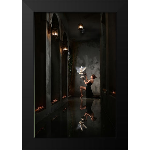 Playing With The Doves Black Modern Wood Framed Art Print by Aditya, Rawisyah