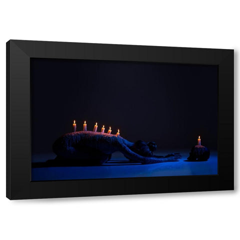Burning Candles On Back Of Lady Bowing Down In Darkness Black Modern Wood Framed Art Print by Guryanov, Andrey