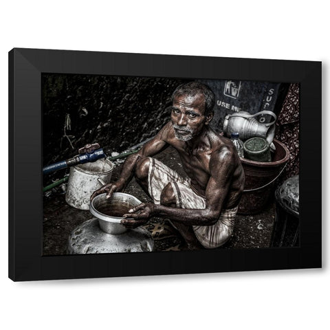 Man Filling A Pitcher With Water In The Streets Of Bangladesh. Black Modern Wood Framed Art Print by Inazio Kuesta, Joxe