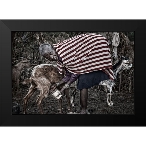 Ilchamus Tribe Woman Milking A Goat - Kenya Black Modern Wood Framed Art Print by Inazio Kuesta, Joxe
