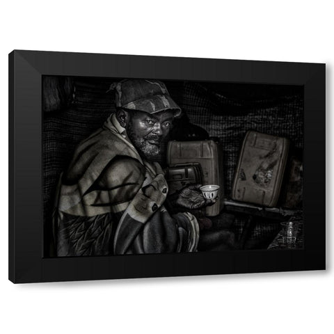Ethiopian Man Having A Cup Of Coffee. Black Modern Wood Framed Art Print by Inazio Kuesta, Joxe