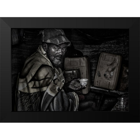 Ethiopian Man Having A Cup Of Coffee. Black Modern Wood Framed Art Print by Inazio Kuesta, Joxe