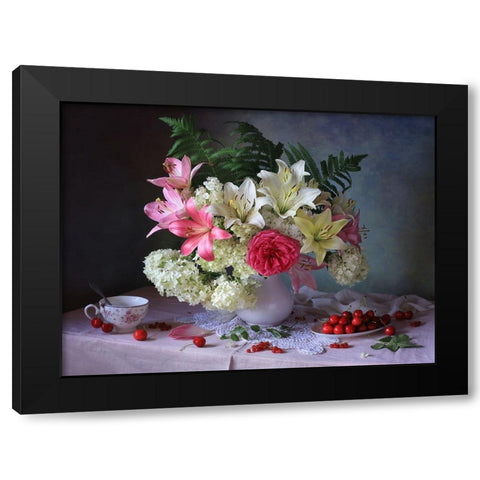 Still Life With Garden Flowers And Berries Black Modern Wood Framed Art Print by Skorokhod, Tatyana