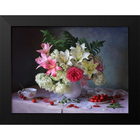 Still Life With Garden Flowers And Berries Black Modern Wood Framed Art Print by Skorokhod, Tatyana