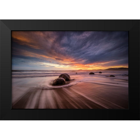 Moeraki Boulders Black Modern Wood Framed Art Print by Zhen Yu, James