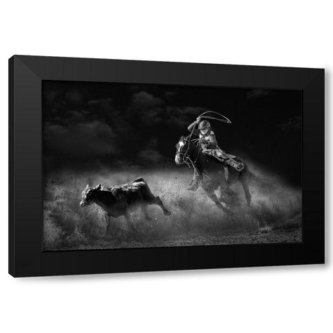 Tie Down Roping Calf Black Modern Wood Framed Art Print with Double Matting by Thwaits, Yun