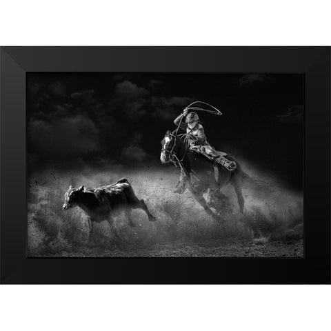 Tie Down Roping Calf Black Modern Wood Framed Art Print by Thwaits, Yun