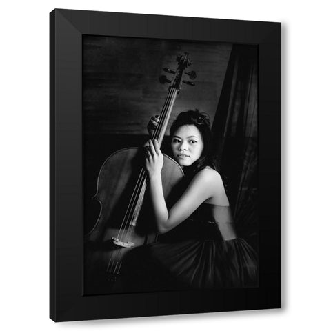 Female cellist Black Modern Wood Framed Art Print with Double Matting by Yamamoto, Eiji