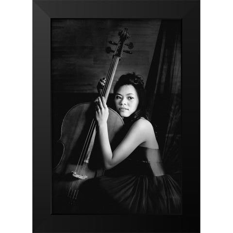 Female cellist Black Modern Wood Framed Art Print by Yamamoto, Eiji