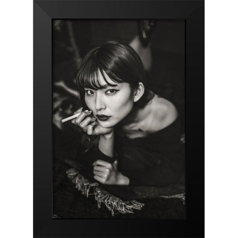 RESTS HER CHIN IN HER HAND Black Modern Wood Framed Art Print by Iino, Ken-Ichi