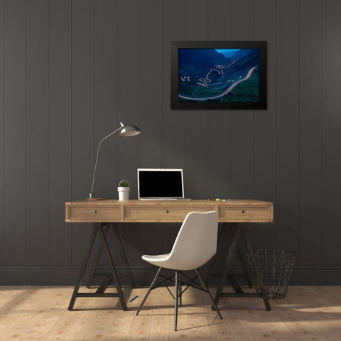Light Trails On The Highest Mountain Road In Romania-Fagaras Mountains Black Modern Wood Framed Art Print by Oprea, Vio