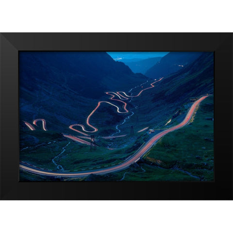 Light Trails On The Highest Mountain Road In Romania-Fagaras Mountains Black Modern Wood Framed Art Print by Oprea, Vio