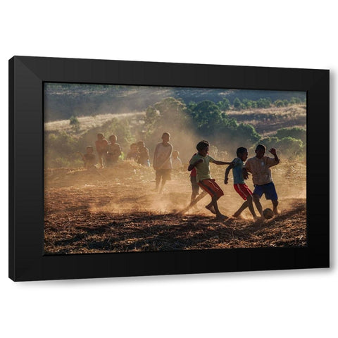 The Kids Playing Football Black Modern Wood Framed Art Print with Double Matting by Shi, Mei