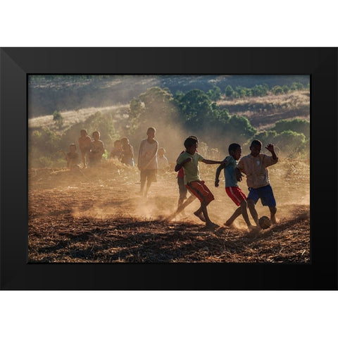 The Kids Playing Football Black Modern Wood Framed Art Print by Shi, Mei