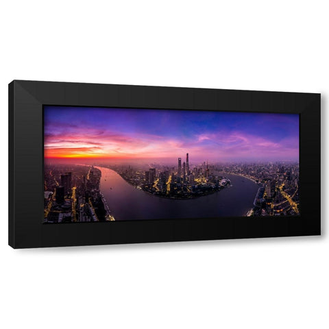 The Morning Glow in Lujiazui Shanghai Black Modern Wood Framed Art Print with Double Matting by Ren Rong, Raymond