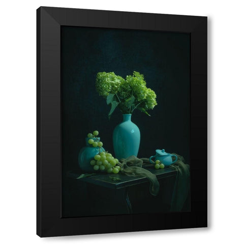 Green Hydrangea And Grape Black Modern Wood Framed Art Print with Double Matting by Jacobs, Lydia