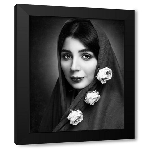 A Girl With Beautiful Flowers Black Modern Wood Framed Art Print by Heydari, Amir