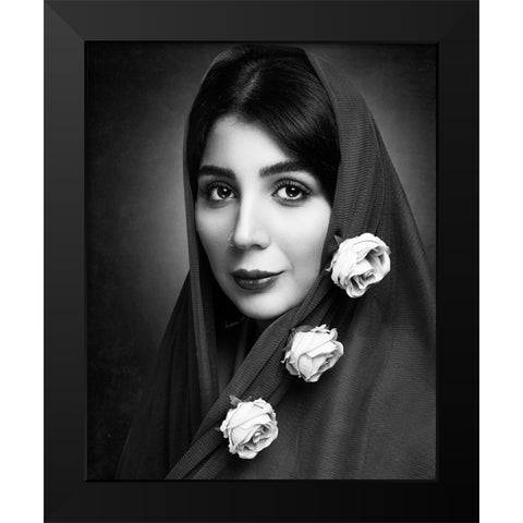 A Girl With Beautiful Flowers Black Modern Wood Framed Art Print by Heydari, Amir