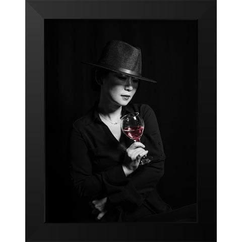 Woman And Wine Black Modern Wood Framed Art Print by Wang, Jeff