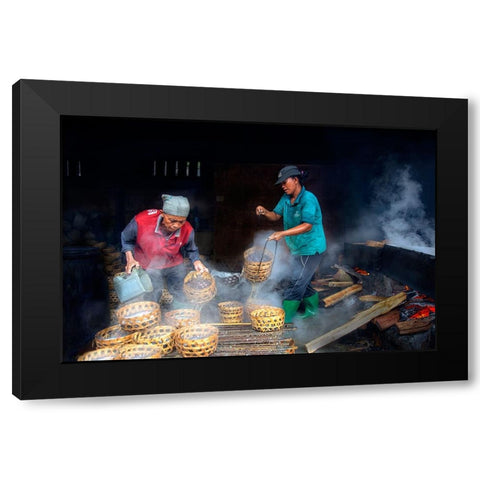 MomS Fish Black Modern Wood Framed Art Print with Double Matting by Xie, Louise