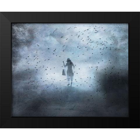 Girl And Bird Black Modern Wood Framed Art Print by Lammakmak