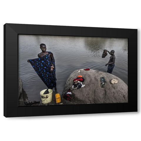 Mundari Tribe Women Cleaning Clothes In The RIVer - South Sudan Black Modern Wood Framed Art Print by Inazio Kuesta, Joxe
