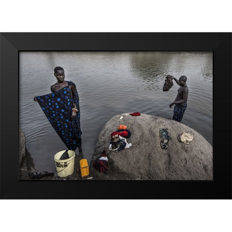 Mundari Tribe Women Cleaning Clothes In The RIVer - South Sudan Black Modern Wood Framed Art Print by Inazio Kuesta, Joxe