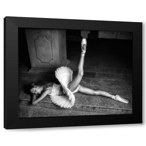Ballerina Lying On The Stairs Bw Black Modern Wood Framed Art Print by Nanev, Vasil