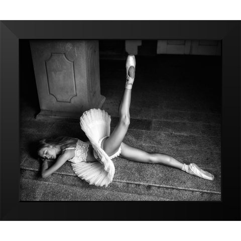 Ballerina Lying On The Stairs Bw Black Modern Wood Framed Art Print by Nanev, Vasil