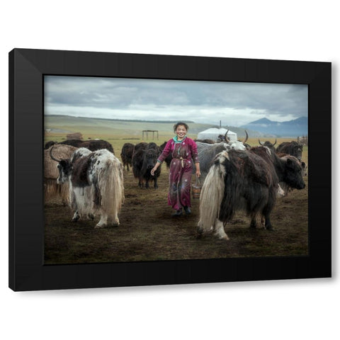 Happy Milking Black Modern Wood Framed Art Print by Ma, Frank