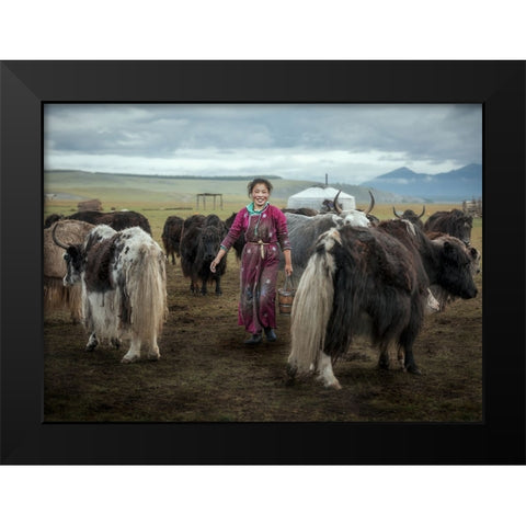 Happy Milking Black Modern Wood Framed Art Print by Ma, Frank