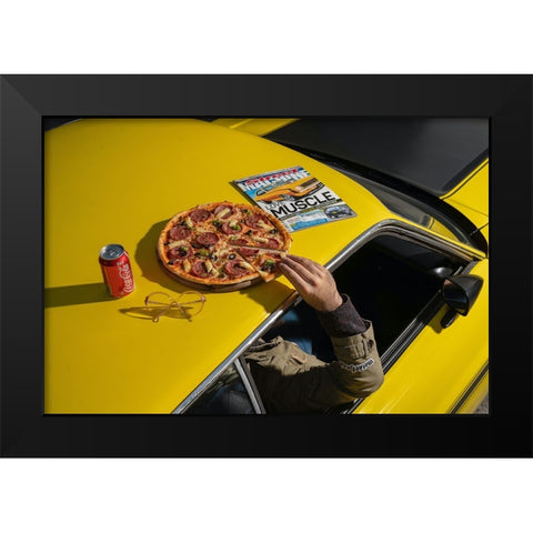 Pizza On Mustang Old School Black Modern Wood Framed Art Print by Hamedani, Ardalan