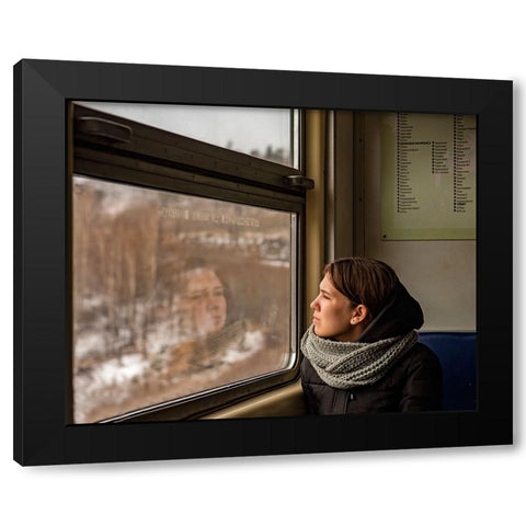 Lady In A Train Black Modern Wood Framed Art Print with Double Matting by Golani, Aharon