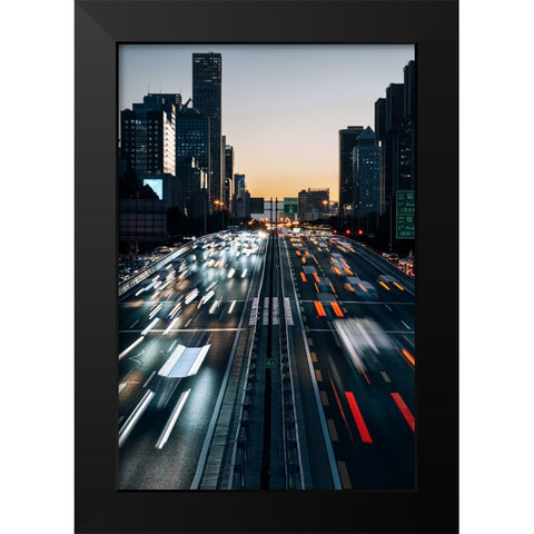 City At Dusk Black Modern Wood Framed Art Print by Jiaxingsong