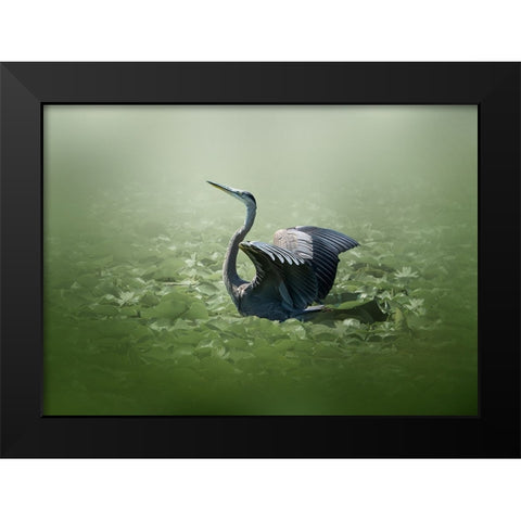 blue heron in a green dream Black Modern Wood Framed Art Print by Chen, Jennifer