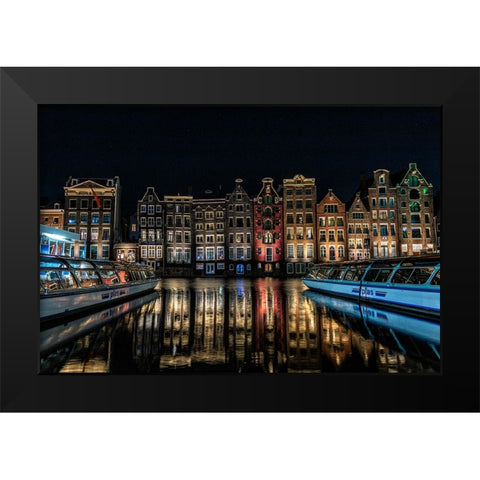 Qdancing Housesq On The Damrak Canal In Amsterdam Black Modern Wood Framed Art Print by Mosqueira Rey, Eduardo